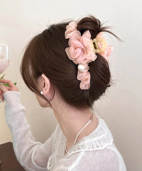 パール付きチュールバンスクリップきれいめ フラワーモチーフヘアクリップ 大きめクリップしっかり 多毛ヘアクリップ髪多い 髪飾り大きい髪留め 高見えヘアアクセサリー 87ZHUONI-004