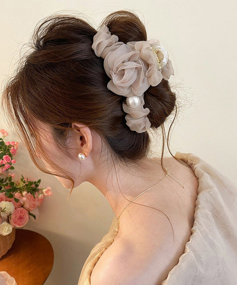 パール付きチュールバンスクリップきれいめ フラワーモチーフヘアクリップ 大きめクリップしっかり 多毛ヘアクリップ髪多い 髪飾り大きい髪留め 高見えヘアアクセサリー 87ZHUONI-004