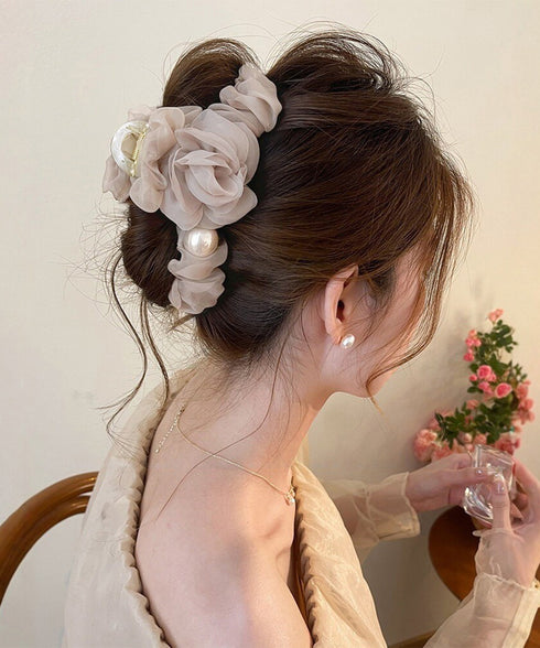 パール付きチュールバンスクリップきれいめ フラワーモチーフヘアクリップ 大きめクリップしっかり 多毛ヘアクリップ髪多い 髪飾り大きい髪留め 高見えヘアアクセサリー 87ZHUONI-004
