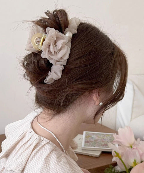 パール付きチュールバンスクリップきれいめ フラワーモチーフヘアクリップ 大きめクリップしっかり 多毛ヘアクリップ髪多い 髪飾り大きい髪留め 高見えヘアアクセサリー 87ZHUONI-004