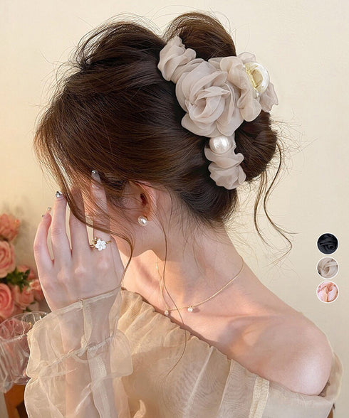 パール付きチュールバンスクリップきれいめ フラワーモチーフヘアクリップ 大きめクリップしっかり 多毛ヘアクリップ髪多い 髪飾り大きい髪留め 高見えヘアアクセサリー 87ZHUONI-004