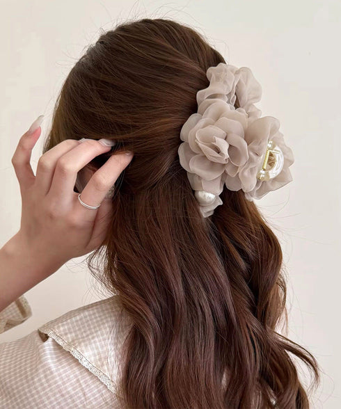 パール付きチュールバンスクリップきれいめ フラワーモチーフヘアクリップ 大きめクリップしっかり 多毛ヘアクリップ髪多い 髪飾り大きい髪留め 高見えヘアアクセサリー 87ZHUONI-004