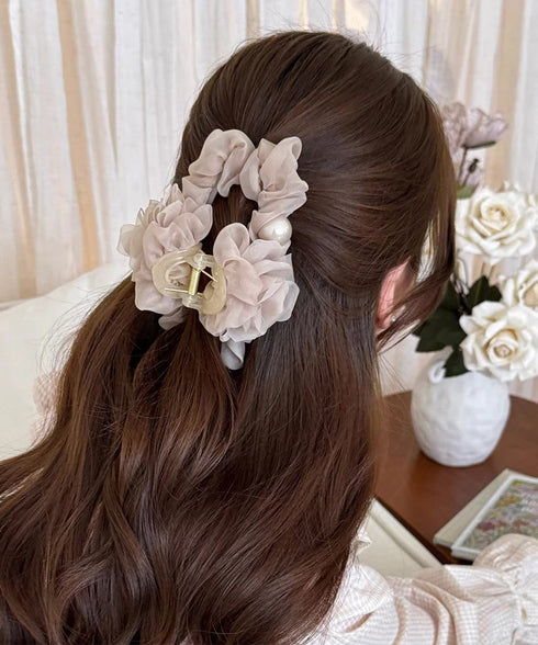 パール付きチュールバンスクリップきれいめ フラワーモチーフヘアクリップ 大きめクリップしっかり 多毛ヘアクリップ髪多い 髪飾り大きい髪留め 高見えヘアアクセサリー 87ZHUONI-004