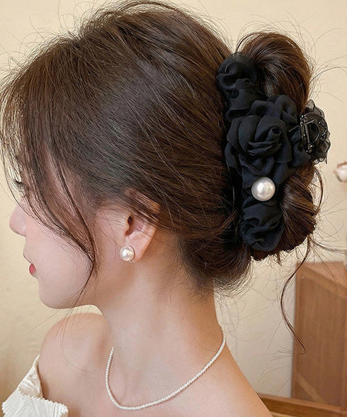 パール付きチュールバンスクリップきれいめ フラワーモチーフヘアクリップ 大きめクリップしっかり 多毛ヘアクリップ髪多い 髪飾り大きい髪留め 高見えヘアアクセサリー 87ZHUONI-004