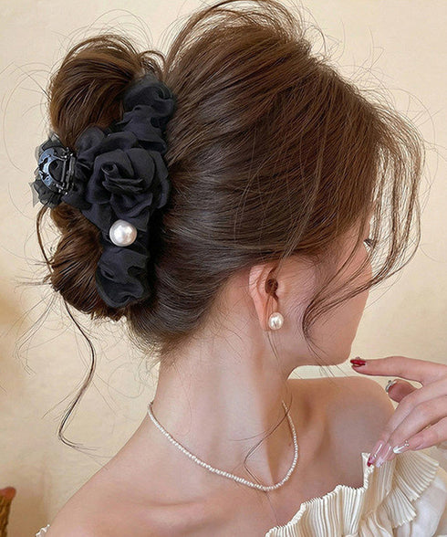 パール付きチュールバンスクリップきれいめ フラワーモチーフヘアクリップ 大きめクリップしっかり 多毛ヘアクリップ髪多い 髪飾り大きい髪留め 高見えヘアアクセサリー 87ZHUONI-004