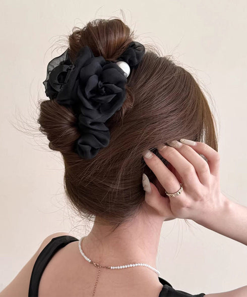 パール付きチュールバンスクリップきれいめ フラワーモチーフヘアクリップ 大きめクリップしっかり 多毛ヘアクリップ髪多い 髪飾り大きい髪留め 高見えヘアアクセサリー 87ZHUONI-004