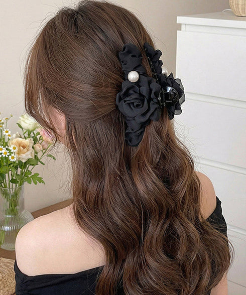 パール付きチュールバンスクリップきれいめ フラワーモチーフヘアクリップ 大きめクリップしっかり 多毛ヘアクリップ髪多い 髪飾り大きい髪留め 高見えヘアアクセサリー 87ZHUONI-004
