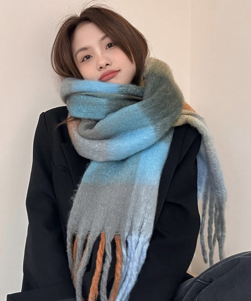 カシミヤ風マフラーチェック柄 大判 厚手 韓国ボリューム フリンジマフラー レインボーマフラー 秋冬暖かいニットマフラー リバーシブル スカーフショール 防寒防風 87ZUODI-001