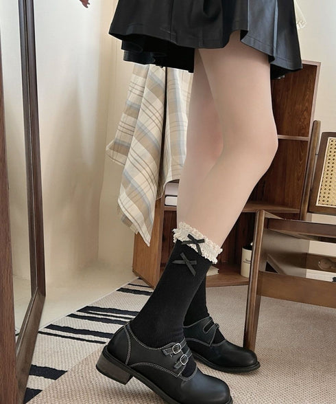 レース付き ソックス レディース 靴下 可愛い リブソックス リボン ガーリー靴下 カジュアル ロングソックス 春夏秋冬 おしゃれ フリルソックス 10代20代 88CXH-115