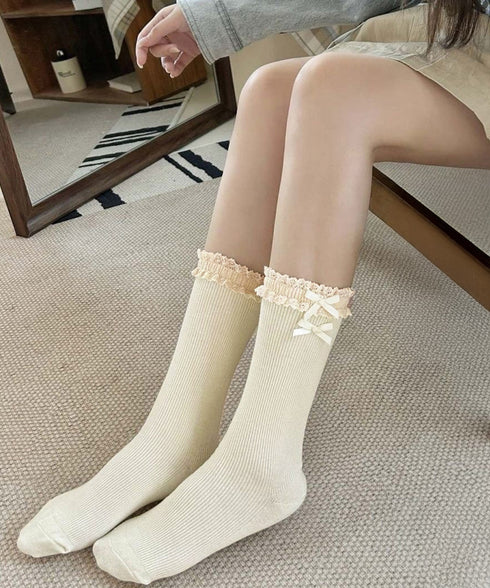 レース付き ソックス レディース 靴下 可愛い リブソックス リボン ガーリー靴下 カジュアル ロングソックス 春夏秋冬 おしゃれ フリルソックス 10代20代 88CXH-115