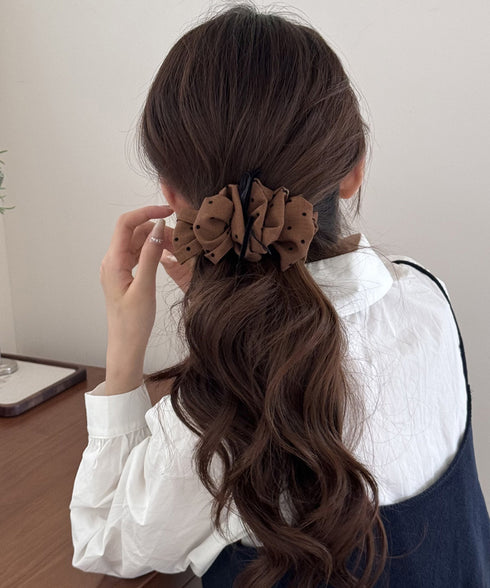 ドット柄 フリルリボン バナナクリップ おしゃれ ヘアアクセサリー レディース ヘアクリップ 清楚 まとめ髪 大人かわいい ヘアアレンジ フェミニン 簡単髪留め 88CXH-134