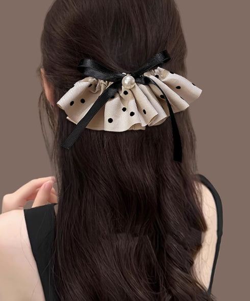 ドット柄 フリルリボン ヘアクリップ上品 おしゃれ ヘアアクセサリー レディース バレッタ 清楚 まとめ髪 大人かわいい ヘアアレンジ フェイクパール 簡単髪留め 88CXH-135