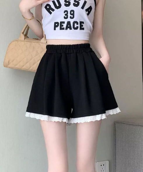 レース裾ショートパンツ レディース韓国風 大人可愛い フレア 短パンツ ウエストゴム キュロットパンツ 着やせ 美脚脚長パンツ 春夏 カジュアル 細見えパンツ 88CXH-153