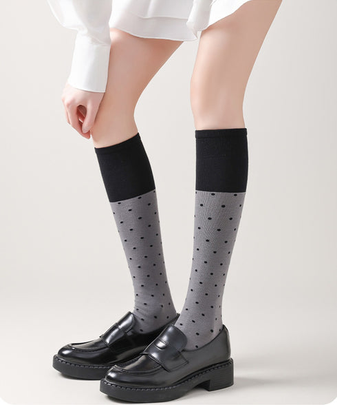 ドット柄 ハイソックス バイカラー 靴下 レディース 水玉柄 ロングソックス 大人可愛い ガーリー美脚靴下 韓国風 秋冬ソックス 伸縮性 ひざ下ソックス 新作人気 88CXH-165