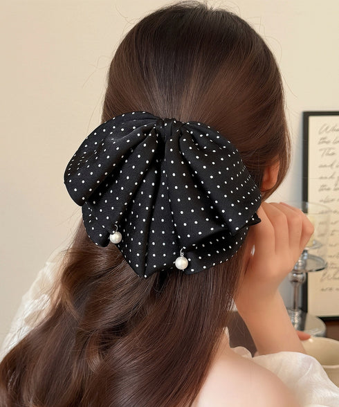 ドット柄 ビッグリボン バンスクリップ レディース 韓国風 ヘアクリップ 大人可愛い 水玉柄 ヘアアクセサリー お呼ばれヘア フェミニン 髪飾り フェイクパール 88CXH-167