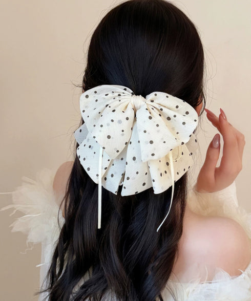 ドット柄 シフォンリボン バンスクリップ レディース 韓国風 ビッグリボン ヘアクリップ 大人可愛い 水玉柄 ヘアアクセサリー お呼ばれヘア フェミニン 髪飾り 88CXH-168