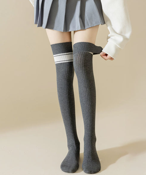 リブニーハイソックス ライン入り 靴下 レディース ロングソックス 大人可愛い ガーリー 美脚靴下 韓国風 秋冬ソックス 伸縮性 オーバーニーソックス 新作人気 88CXH-187