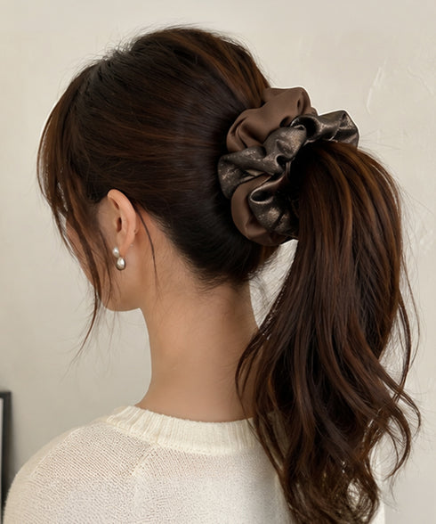異素材ミックス ボリュームシュシュ 上品 レディース 大人可愛い きれいめ ヘアゴム バイカラー ヘアアクセサリー おしゃれ ヘアアレンジ 簡単 まとめ髪 韓国風 88CXH-198
