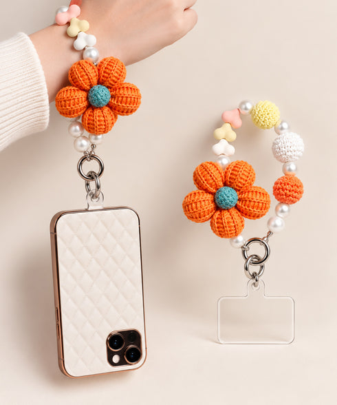 クロシェフラワー スマホストラップ可愛い おしゃれ スマホチャーム フラワーモチーフ マルチビーズストラップ 編み花 キーホルダー ニットフラワー携帯ストラップ 88CXH-209