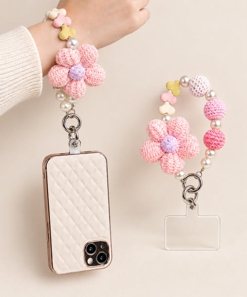 クロシェフラワー スマホストラップ可愛い おしゃれ スマホチャーム フラワーモチーフ マルチビーズストラップ 編み花 キーホルダー ニットフラワー携帯ストラップ 88CXH-209
