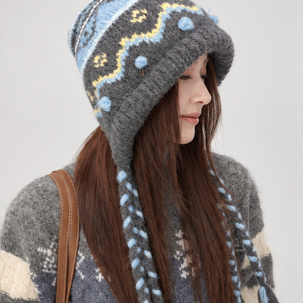 レトロノルディック柄ニット帽 耳当て付き グレー