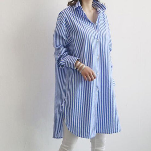 ストライプ柄 ロングシャツレディース長袖 オフィスカジュアル サマーカーディガン 大人女性 チュニックシャツ 大きいサイズ スキッパー シャツブラウス 冷房対策 88CXH-041