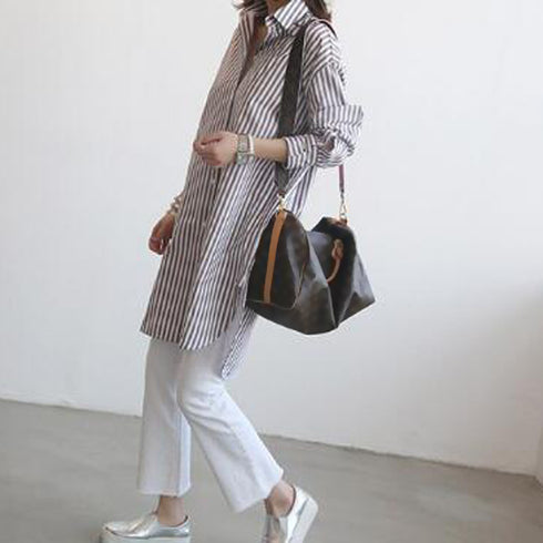 ストライプ柄 ロングシャツレディース長袖 オフィスカジュアル サマーカーディガン 大人女性 チュニックシャツ 大きいサイズ スキッパー シャツブラウス 冷房対策 88CXH-041