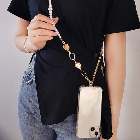 スマホショルダーストラップクリアホルダー おしゃれ 携帯ストラップ 全機種対応 落下防止 挟むだけストラップ フェイクパール 肩掛け 着脱簡単 長さ調節可能 旅行 88CXH-064