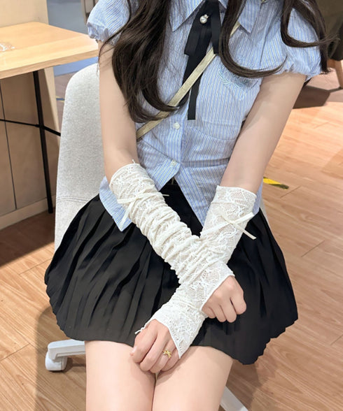 レースアームカバー ルーズレースソックス レディース リボン付き腕カバー 夏用 可愛い ロング スリーブカバー UVケア アウトドア韓国風 腕用スリーブ 薄手靴下 88CXH-068