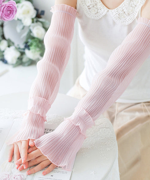 プリーツ フリルアームカバー 日焼け防止 レディース おしゃれ 腕カバー 夏用 可愛い ロング スリーブカバー UVケア アウトドア韓国風 腕用スリーブ 薄手 88CXH-090