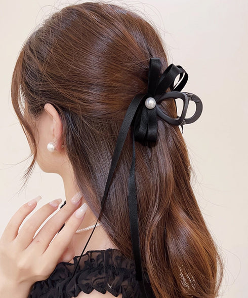 リボン バンスクリップ 上品ヘアクリップ レディース おしゃれ ヘアアクセサリー フェイクパール ヘアアレンジ 大人かわいい 簡単 まとめ髪 エレガント 髪留め 88CXH-110