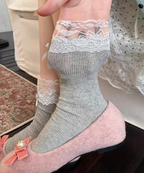 レース付き リボンソックス 可愛い 靴下 レディース リブソックス ガーリー靴下 カジュアル ミドルソックス 春夏秋冬 おしゃれフリルソックス 10代 20代 88CXH-114