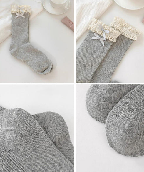 レース付き ソックス レディース 靴下 可愛い リブソックス リボン ガーリー靴下 カジュアル ロングソックス 春夏秋冬 おしゃれ フリルソックス 10代20代 88CXH-115