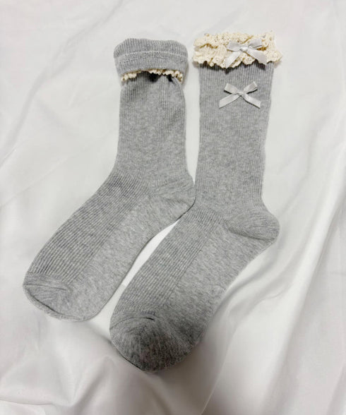 レース付き ソックス レディース 靴下 可愛い リブソックス リボン ガーリー靴下 カジュアル ロングソックス 春夏秋冬 おしゃれ フリルソックス 10代20代 88CXH-115