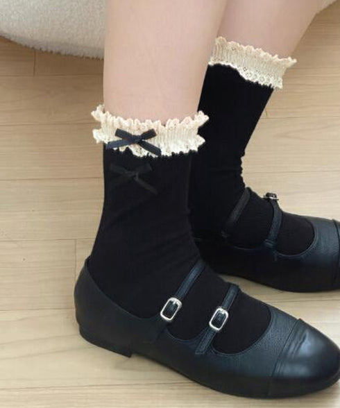 レース付き ソックス レディース 靴下 可愛い リブソックス リボン ガーリー靴下 カジュアル ロングソックス 春夏秋冬 おしゃれ フリルソックス 10代20代 88CXH-115