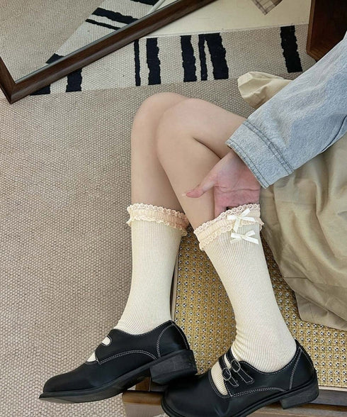 レース付き ソックス レディース 靴下 可愛い リブソックス リボン ガーリー靴下 カジュアル ロングソックス 春夏秋冬 おしゃれ フリルソックス 10代20代 88CXH-115