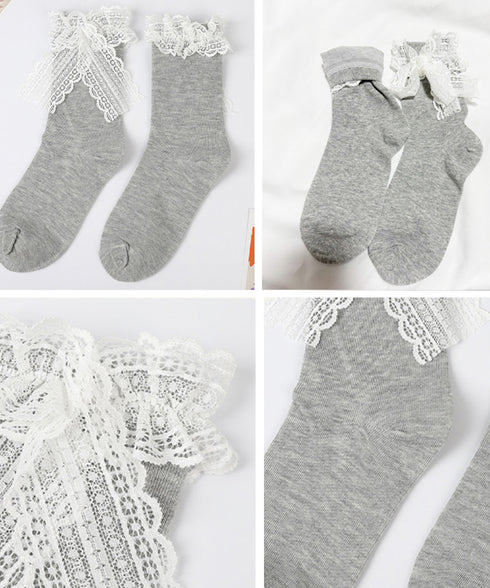 レースリボン ソックス レディース 靴下 可愛い フリルソックス ガーリー靴下 カジュアル ミドルソックス 春夏秋冬 おしゃれ ソックス 白黒 10代20代 学生 88CXH-116