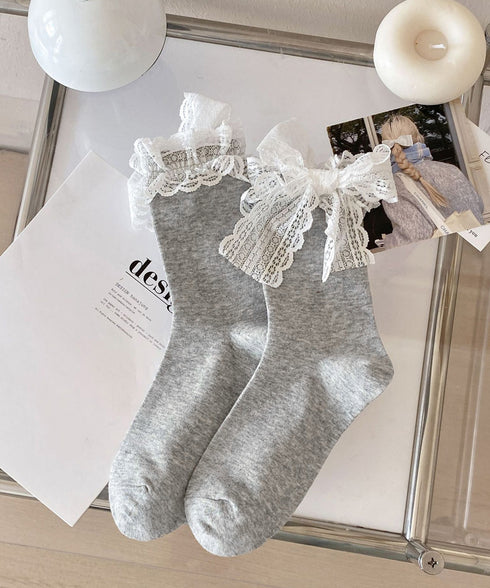 レースリボン ソックス レディース 靴下 可愛い フリルソックス ガーリー靴下 カジュアル ミドルソックス 春夏秋冬 おしゃれ ソックス 白黒 10代20代 学生 88CXH-116