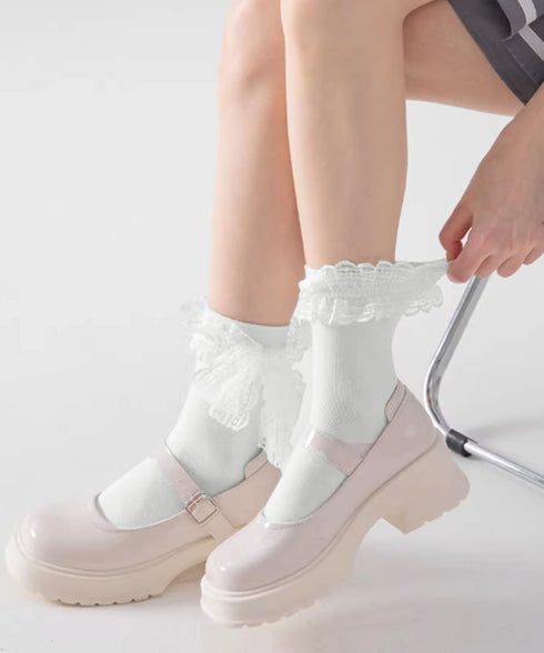 レースリボン ソックス レディース 靴下 可愛い フリルソックス ガーリー靴下 カジュアル ミドルソックス 春夏秋冬 おしゃれ ソックス 白黒 10代20代 学生 88CXH-116