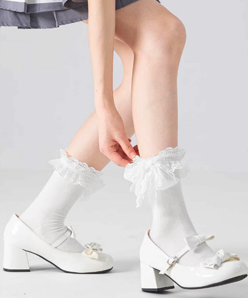 レースリボン ソックス レディース 靴下 可愛い フリルソックス ガーリー靴下 カジュアル ミドルソックス 春夏秋冬 おしゃれ ソックス 白黒 10代20代 学生 88CXH-116