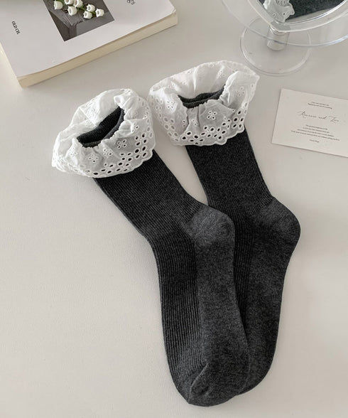 レース付き ソックス レディース 靴下 大人可愛い リブソックス ガーリー靴下 カジュアル ミドル丈ソックス 春夏秋冬 おしゃれ フリルソックス 10代 20代 88CXH-118