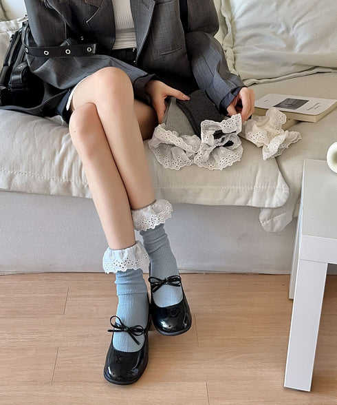 レース付き ソックス レディース 靴下 大人可愛い リブソックス ガーリー靴下 カジュアル ミドル丈ソックス 春夏秋冬 おしゃれ フリルソックス 10代 20代 88CXH-118