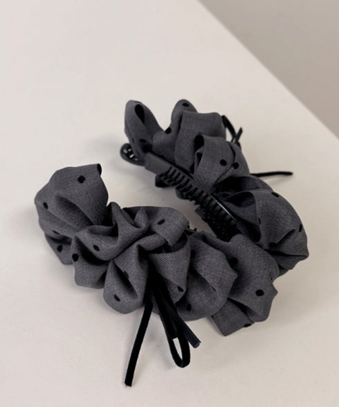 ドット柄 フリルリボン バナナクリップ おしゃれ ヘアアクセサリー レディース ヘアクリップ 清楚 まとめ髪 大人かわいい ヘアアレンジ フェミニン 簡単髪留め 88CXH-134