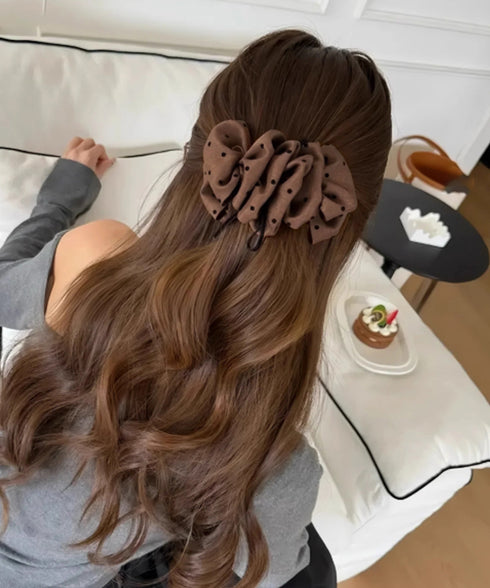 ドット柄 フリルリボン バナナクリップ おしゃれ ヘアアクセサリー レディース ヘアクリップ 清楚 まとめ髪 大人かわいい ヘアアレンジ フェミニン 簡単髪留め 88CXH-134