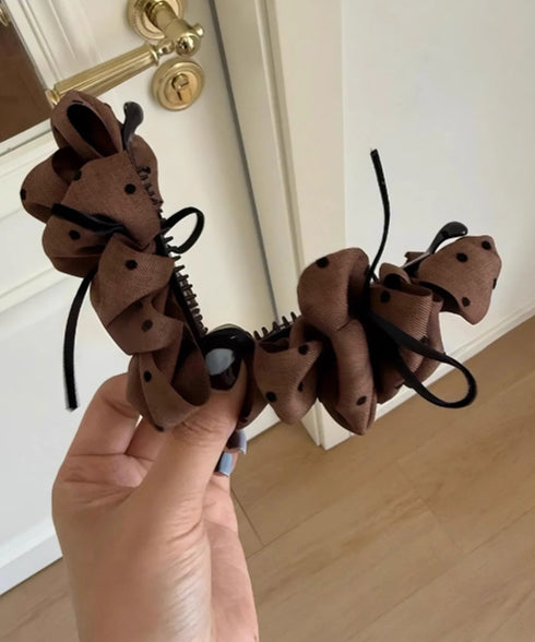 ドット柄 フリルリボン バナナクリップ おしゃれ ヘアアクセサリー レディース ヘアクリップ 清楚 まとめ髪 大人かわいい ヘアアレンジ フェミニン 簡単髪留め 88CXH-134