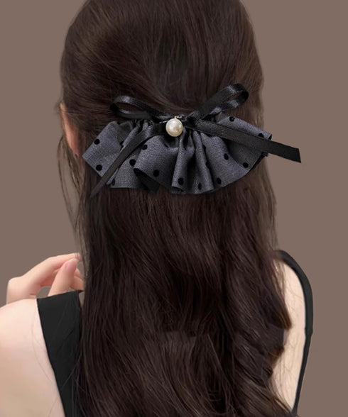ドット柄 フリルリボン ヘアクリップ上品 おしゃれ ヘアアクセサリー レディース バレッタ 清楚 まとめ髪 大人かわいい ヘアアレンジ フェイクパール 簡単髪留め 88CXH-135