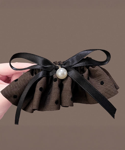 ドット柄 フリルリボン ヘアクリップ上品 おしゃれ ヘアアクセサリー レディース バレッタ 清楚 まとめ髪 大人かわいい ヘアアレンジ フェイクパール 簡単髪留め 88CXH-135