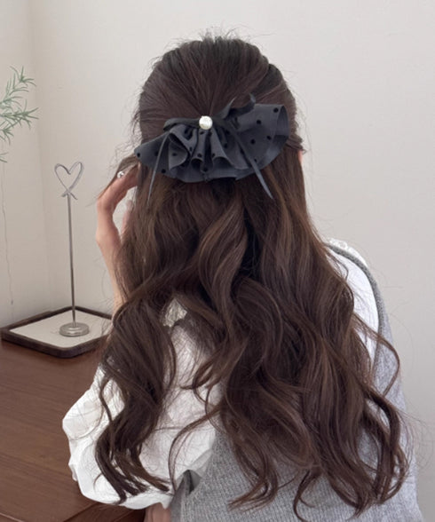 ドット柄 フリルリボン ヘアクリップ上品 おしゃれ ヘアアクセサリー レディース バレッタ 清楚 まとめ髪 大人かわいい ヘアアレンジ フェイクパール 簡単髪留め 88CXH-135