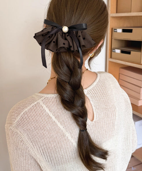 ドット柄 フリルリボン ヘアクリップ上品 おしゃれ ヘアアクセサリー レディース バレッタ 清楚 まとめ髪 大人かわいい ヘアアレンジ フェイクパール 簡単髪留め 88CXH-135