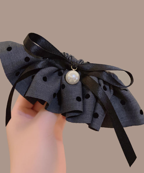 ドット柄 フリルリボン ヘアクリップ上品 おしゃれ ヘアアクセサリー レディース バレッタ 清楚 まとめ髪 大人かわいい ヘアアレンジ フェイクパール 簡単髪留め 88CXH-135